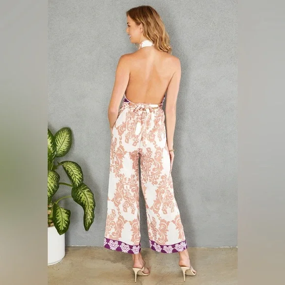 (70279-DAM-WHT) DAMASK PRINT PALAZZO HALTER OPEN BACK JUMPSUIT - Picture 3 of 3